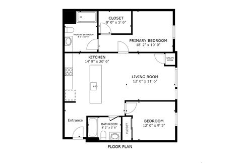 Floor plan for 2 beds, 1.5 baths, 792 sqft